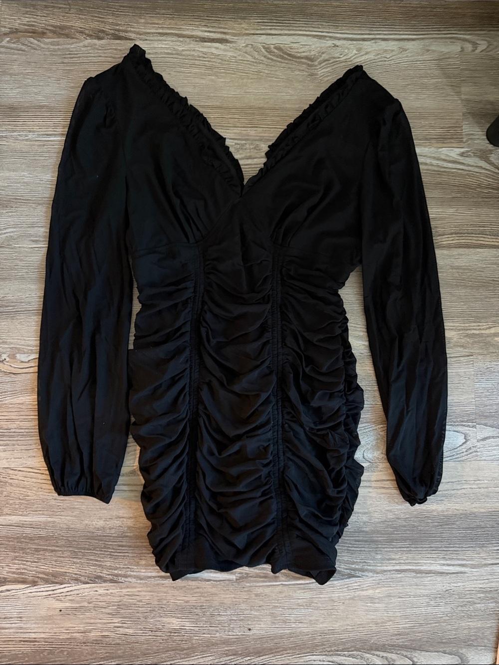 Fashion Nova Black Ruched Long-Sleeve V-Neck Mini Dress
